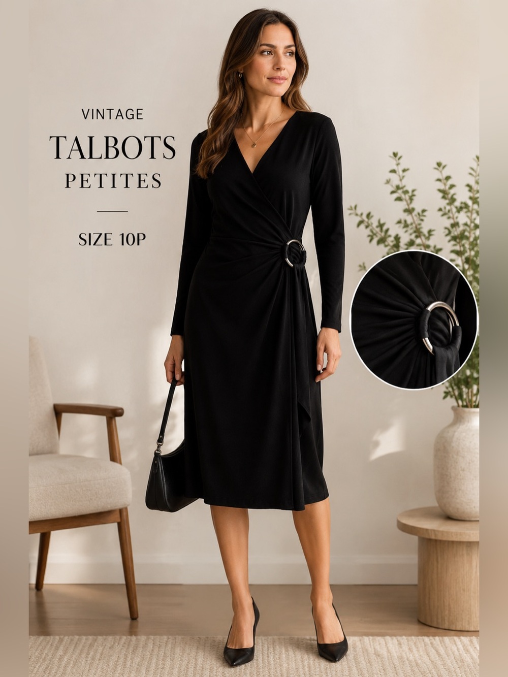 Vintage Talbots Petites Black Velvet Faux Wrap Midi Dress Ring Detail Size 10P